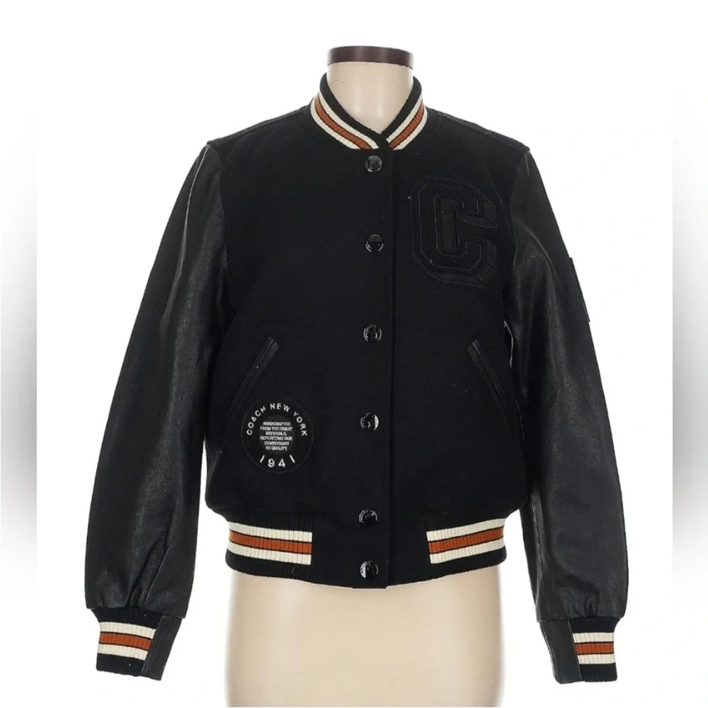 COACH Black Wool & Leather Patch Jacket, Stadium Style,Size XS